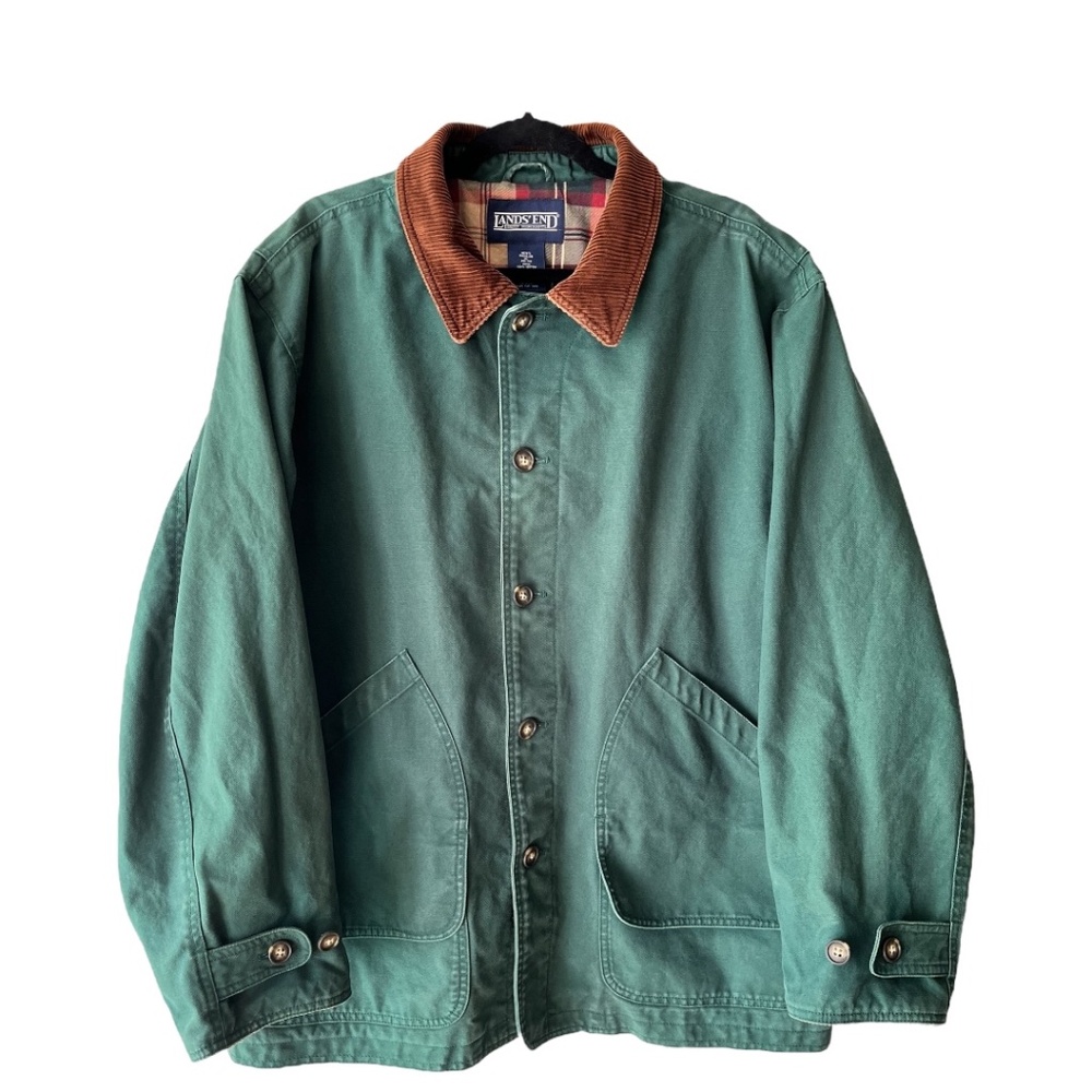 Land’s End Oversized Green Cotton Chore Coat with Brown Corduroy Collar Size XL - Picture 1 of 12